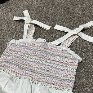 White Smocked Dress with Multicolor Zigzag Pattern